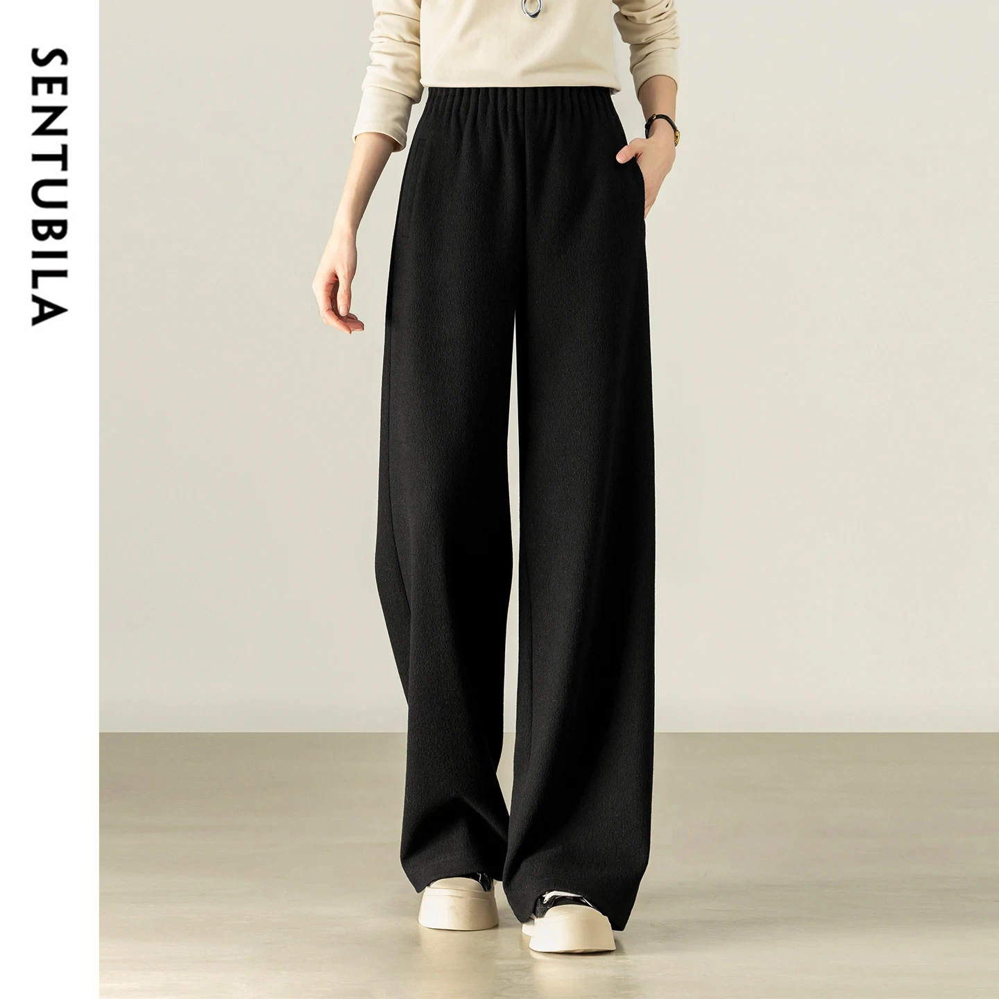 

Женские брюки с широкими штанинами SENTUBILA, весна 2026, из смесовой ткани (шерсть и шелк), с эластичным поясом, прямые, для офиса, свободные, 154K80518