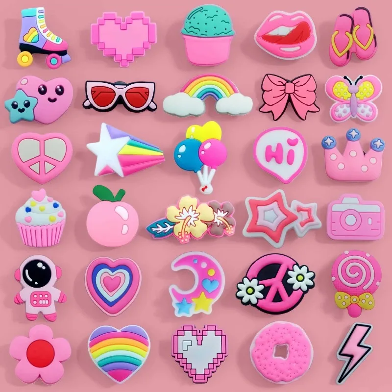 30Pcs Pink Series Bowknot DIY Shoe Charms For Clogs Bubble Slides Sandals Removable Shoe Decorations Accessories Christmas Gift