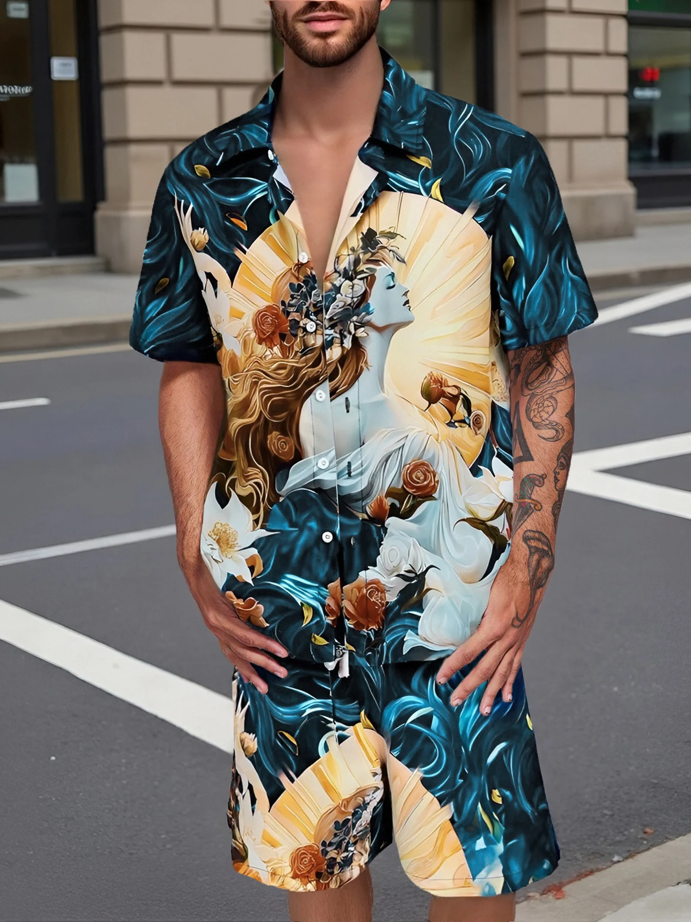 

Men's Trendy Oil Painting Style Set, All over Art Goddess & Floral Print Shirt & Shorts for High Street Style
