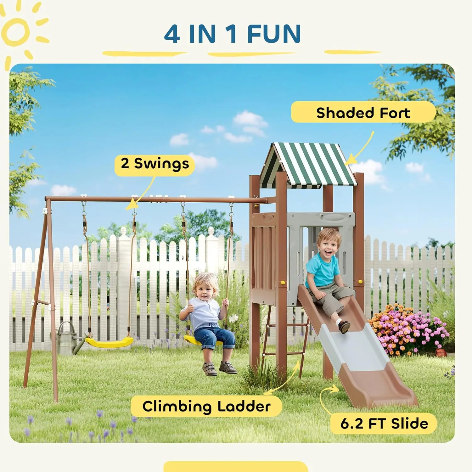 Set altalena per bambini per cortile, set parco giochi con scivolo da 6 piedi, 2 altalene regolabili, forte con baldacchino, scala, set da gioco per esterni con