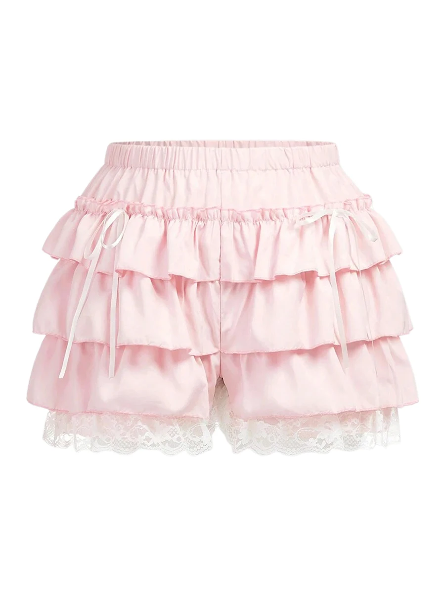 Kawaii Lolita Style Summer Women Shorts Lace Trim High Waist Y2k Vintage Pink Underpants Bow Ruffles JK Bloomers Aesthetic