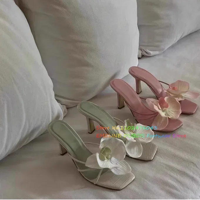 

Beach Shoes 2025 New Floral Decoration Clip Toe High Heel Sandals For Women's Summer Outdoor Wear Trend Slipper Solid Color