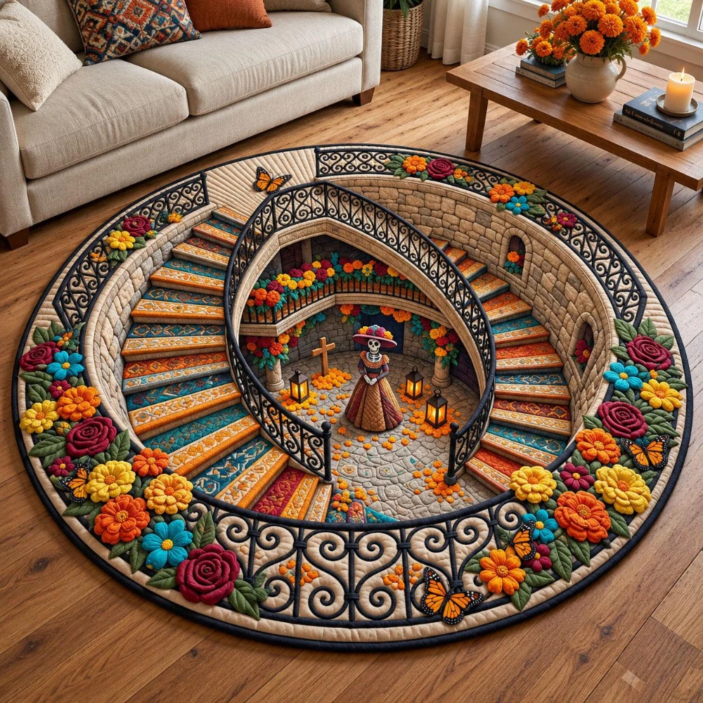 Living Room Day of the Dead Round Rug Skeleton Flower Stairs Design 3D Illusion Bedroom Entryway Floor Carpet 2d flat print