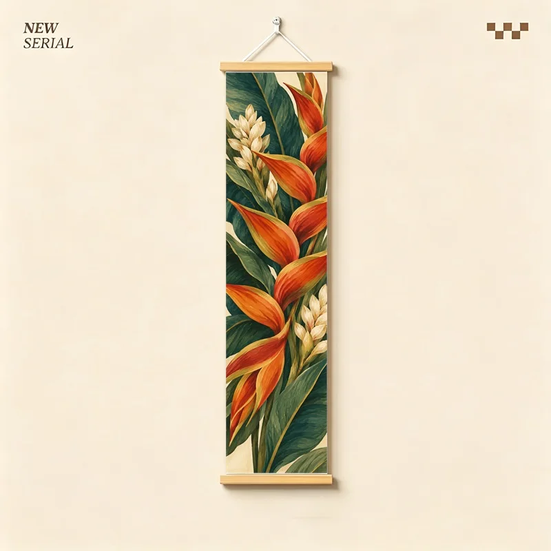 Wall Art Orange Heliconia Tropical Flowers and Leaves, Vibrant Botanical Pearlescent Canvas Hanging Scroll for Rooftop Cafe
