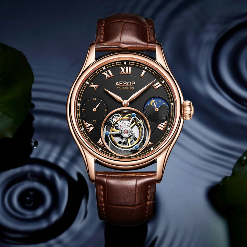 Aesop jam tangan mekanis pria, arloji Tourbillon Manual gerakan modis multifungsi Dial Stainless Steel kulit safir 7020