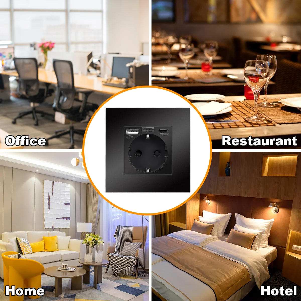 Light Push Switch EU Wall Sockets Home Wall Switches 1/2/3Gang 1Way Plastic Frame Panel USB Type-c Phone Charge Wall Sockets