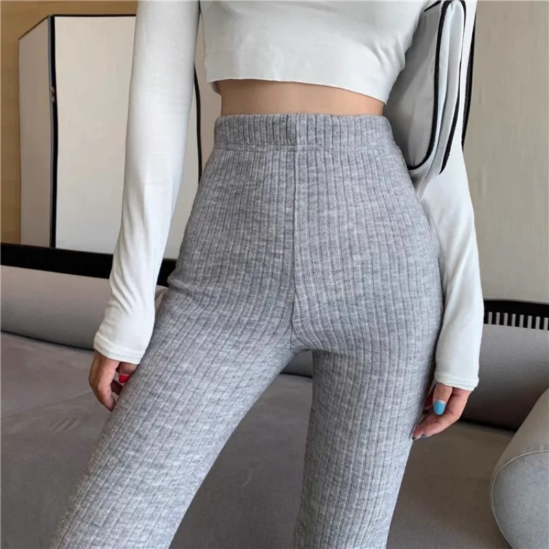 

Gray Streetwear Knitted Pants Women Elastic Waisted Chic Wide Leg Pants Ladies High Waisted Elegance Bottoms Female Autumn