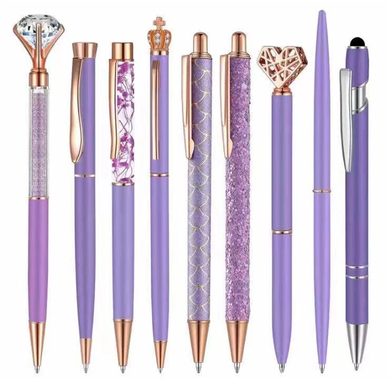 9pcs Custom Logo Same Color Pen Set Diamond Ballpoint Pen Student Business Office Metal Pen Luxury Engraving Name Gift Pen Set