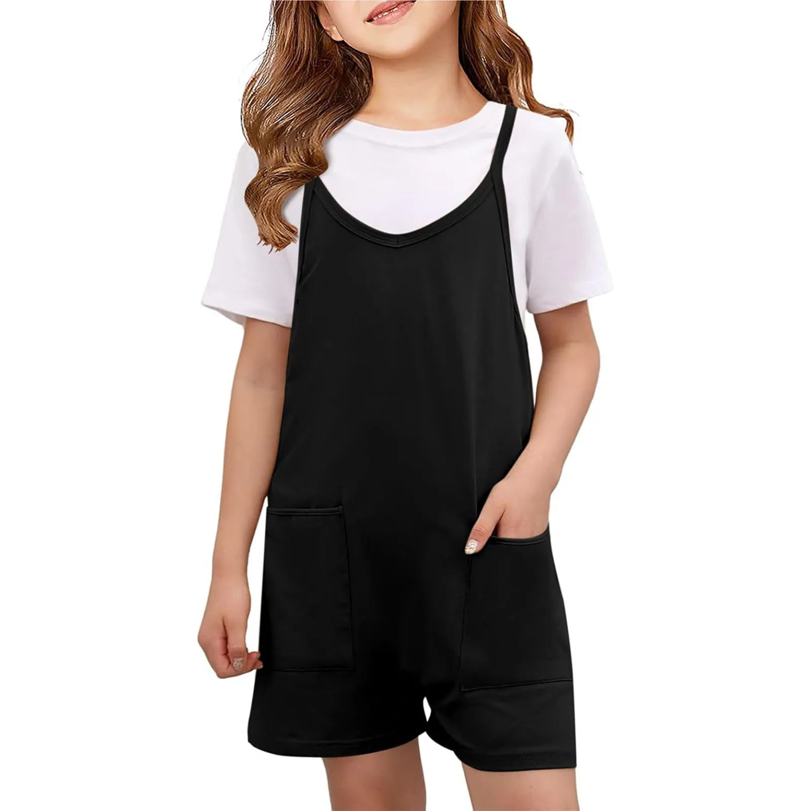 Kids Girl Harem Jumpsuit Spaghetti Long Camis Zipper Pocket Loose Rompers Overall Jumpsuit Playsuits Pocket Shorts Bodysuits