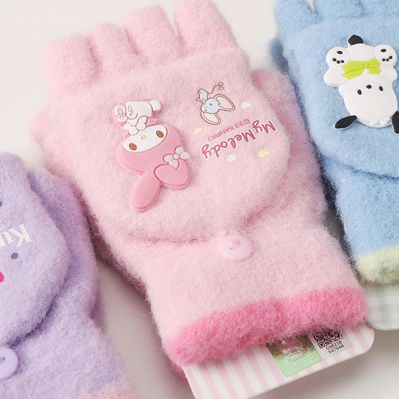 My Melody Kuromi Pochacco Kids Thickened Lovely Half Finger Gloves Cute Winter Warm Fluffy Mittens Soft Gloves for 5-12Years