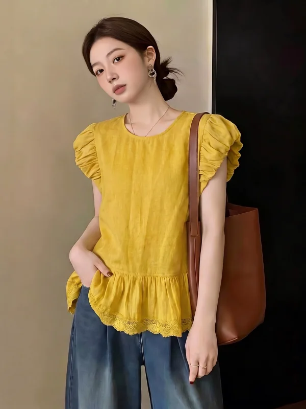 

Dopamine Yellow Short Sleeve Shirt Women's Summer New plus Size Big Flower Bud Top Korean Style Loose Fit round Neck Shirt