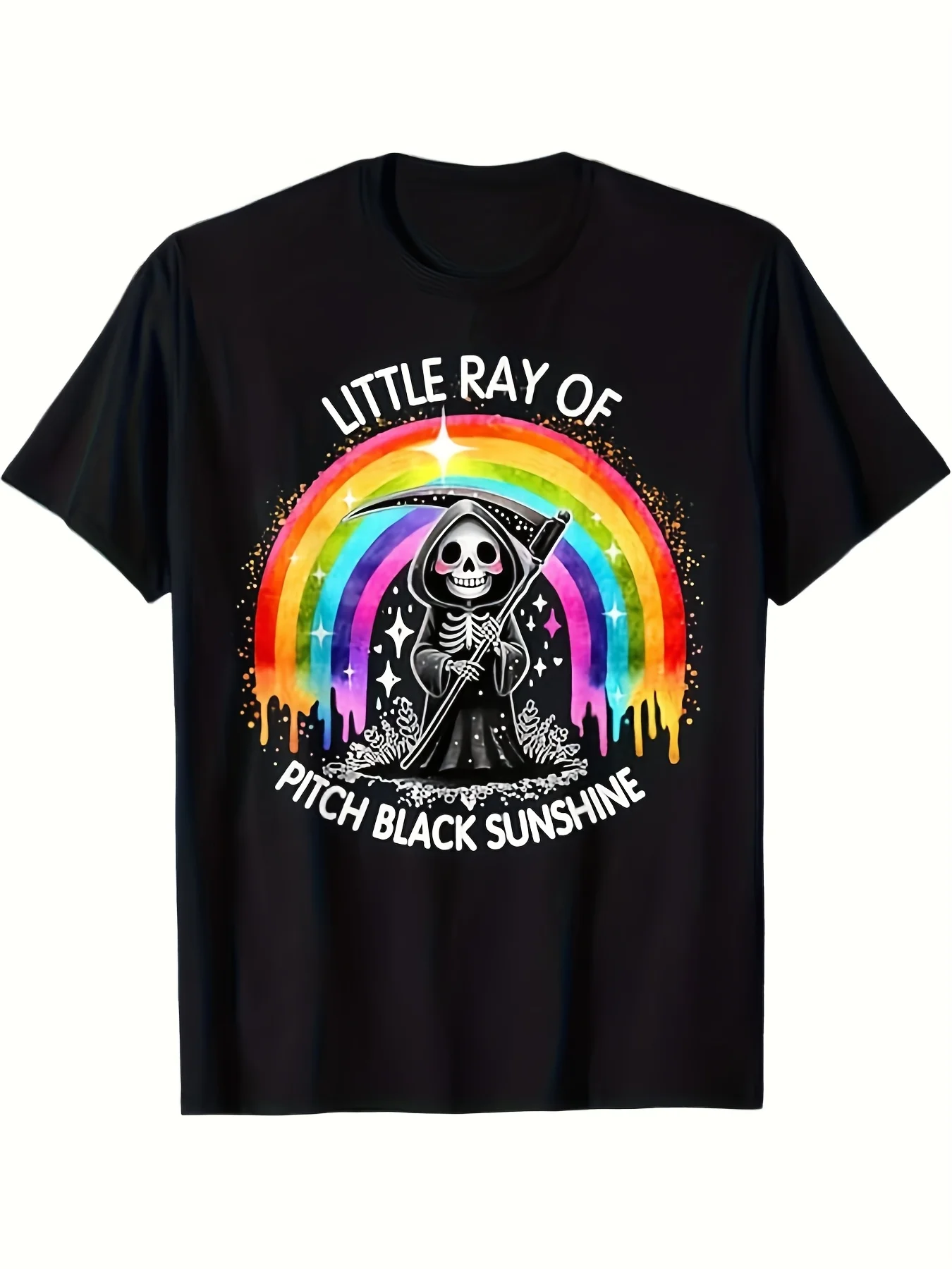 Little Dark Sunshine Death Rainbow Halloween T-shirt, Comfortable Round Neck Retro Style, Ideal Gift for Men, Fathers, Husbands, Retro Casual Short-sleeved T-shirt, Round Neck Print