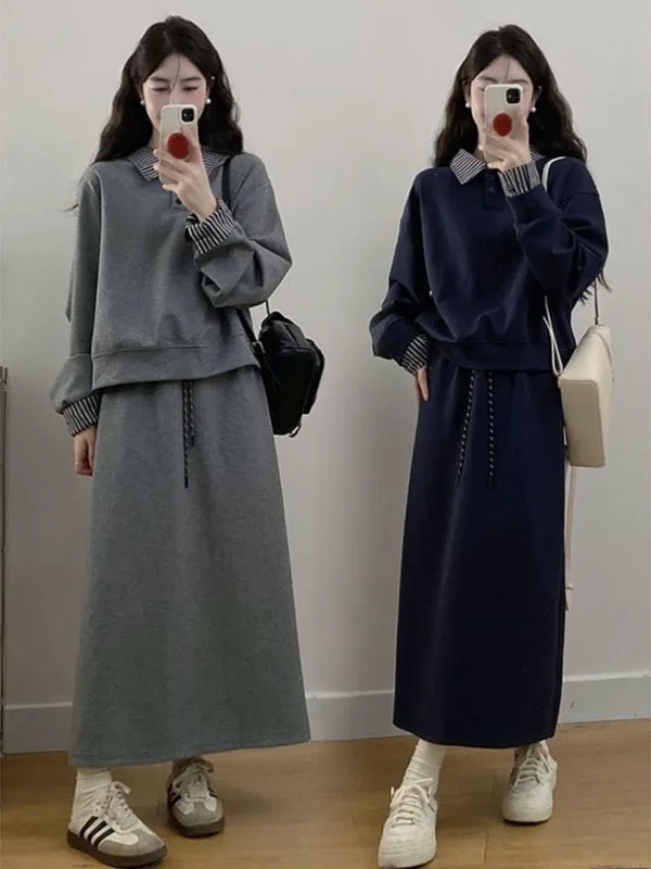 plus Size 300 Pou Coreano Sle Lungo Sve Felpa f Gonna Donna Allentato Dimagrante Faion Set Abbigliamento Casual Poliestere...