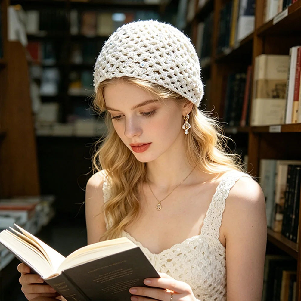 Women Hollow Out Sequins Crochet Beanie, Y2K Hand Knit Cap Soft Breathable Summer Knit Hat Daily Casual Headwear