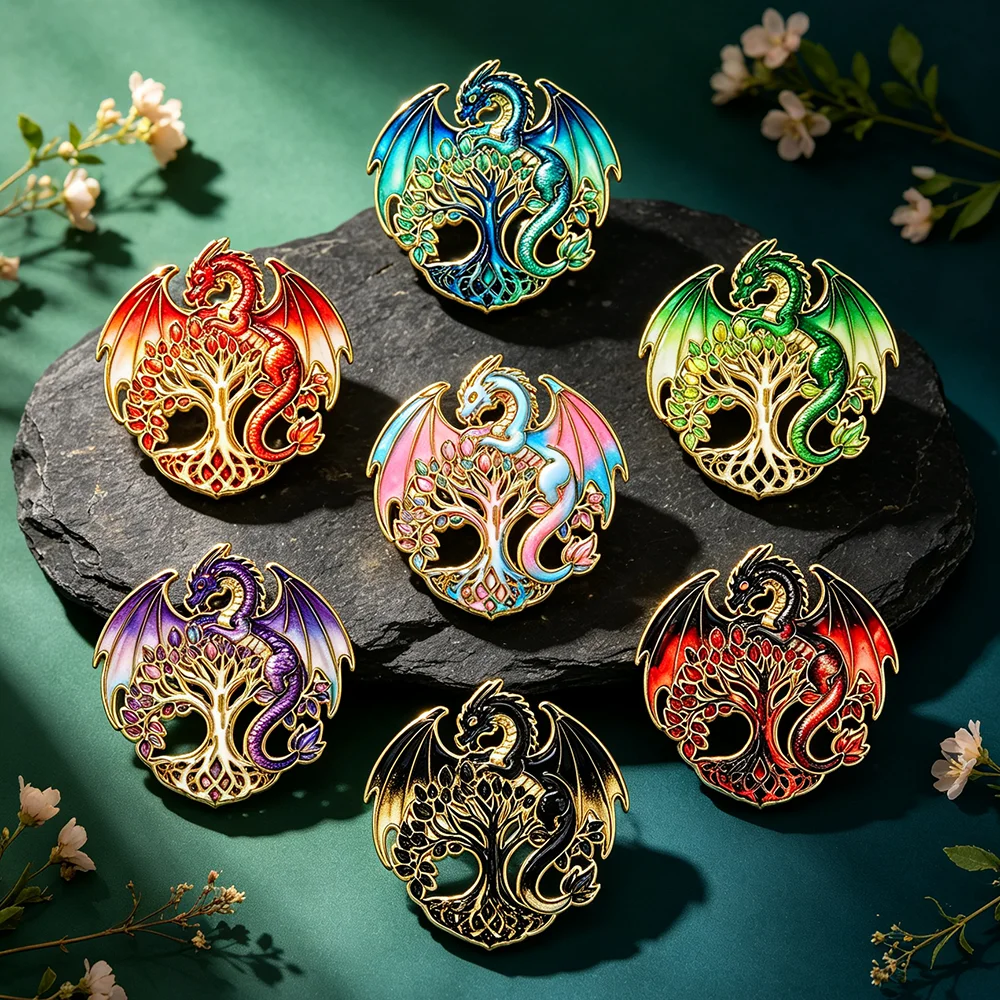7Pcs Colorful Enamel Pin Set - Dragon Tree of Life Design Fantasy Winged Dragons Hollow out Tree Badge Lapel Brooch for Backpack