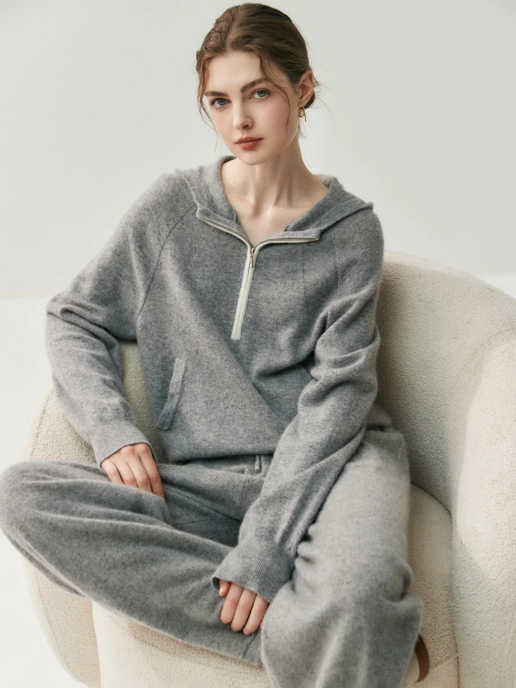 

CHICUU Women Hoodie Zipper Pullover 100% Cashmere Sweater Autumn Winter Casual Style Cashmere Knit Jumper Soft Comfy Clothes