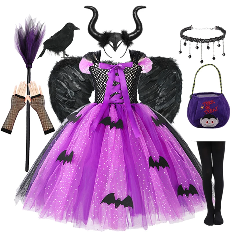 2024 Disguise Bat Witch Costume for Girls Halloween Tutu Dress With Hat Broom Pantyhose Kids Carnival Cosplay Party Outfit Set