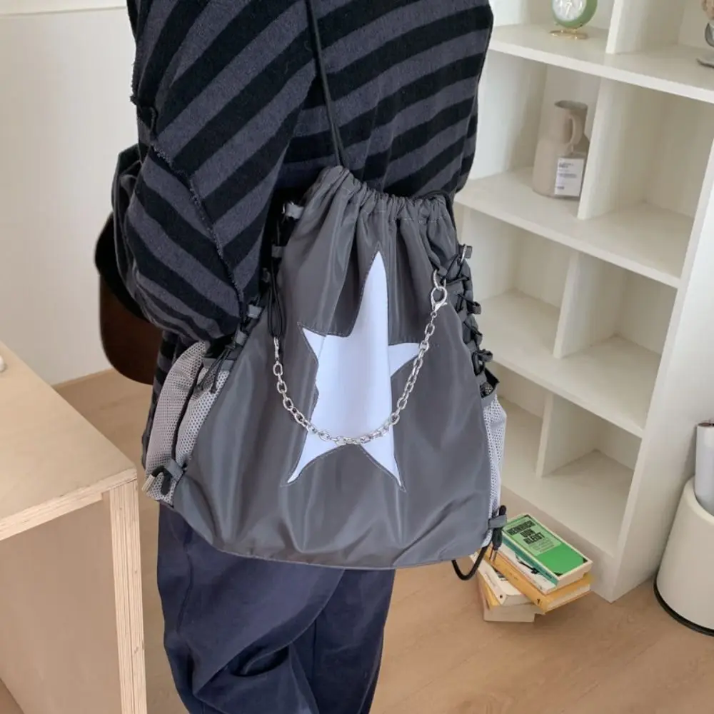 Solid Color Star Drawstring Backpacks Harajuku Style Korean Nylon Backpacks Casual Large Capacity Ruched Shoulder Bags Unisex
