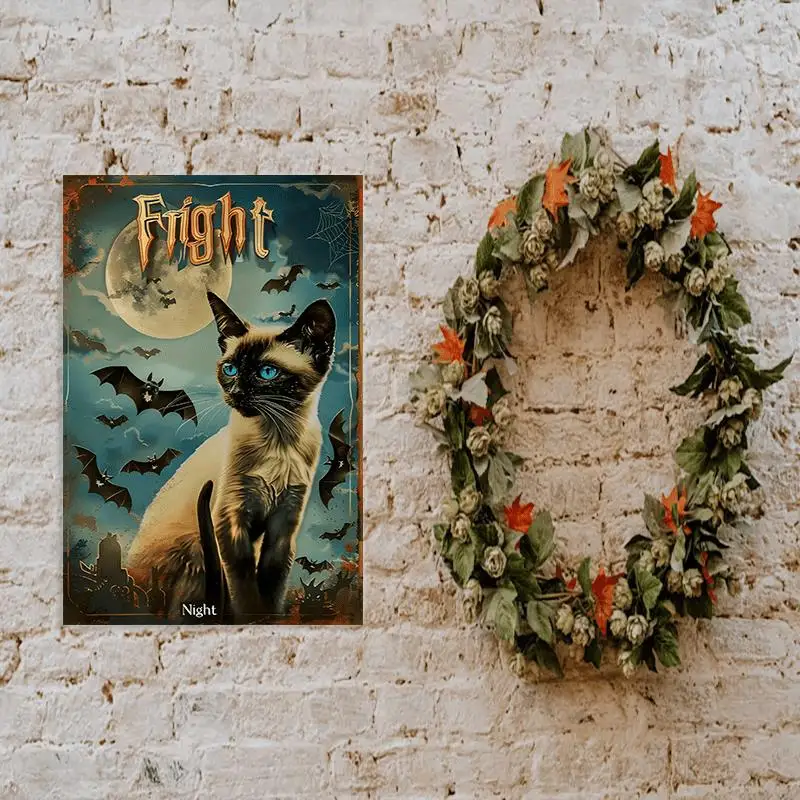 Vintage Cat Metal Tin Sign,  Weatherproof Wall Art with Halloween Theme - Siamese & Bats Design, Reusable Iron Decor for Hom