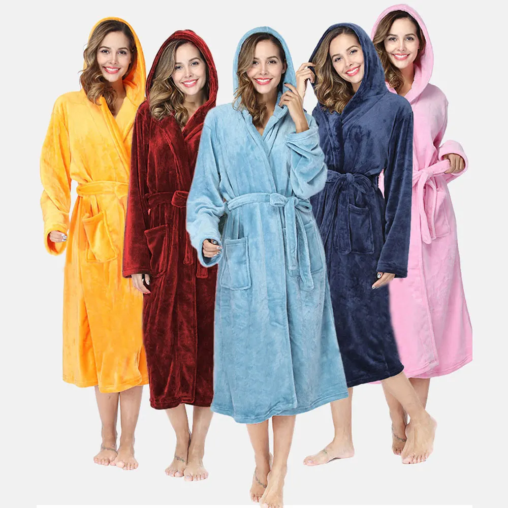 

Hooded Women's Bathrobes Flannel Long Cozy Terry Bathrobe Autumn Winter Solid Kimono LOOSE Woman Warm Loungewear Plus Size Robes