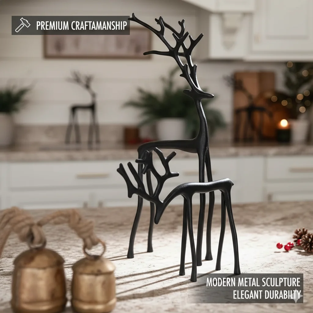

Minimalist Christmas Reindeer Figurines Wear Resistant Black Decorative Statues For Fireplace, Shelf & Holiday Table Decor
