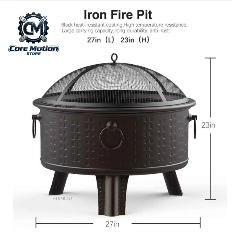 Large Outdoor Fire Pit Bowl - Round Wood Burning Patio Firebowl with Portable Poker and Spark Screen