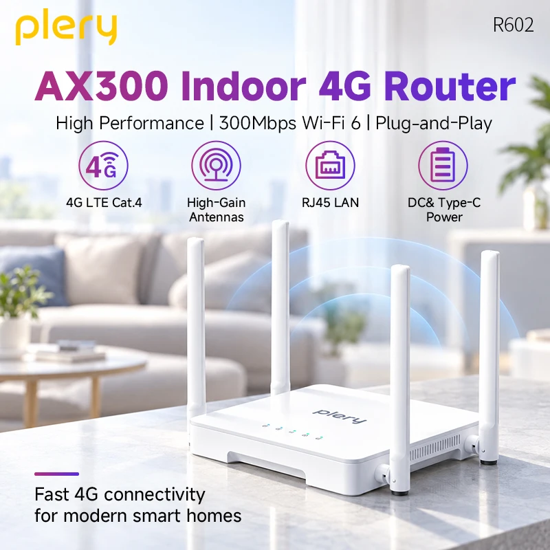 PLERY 4G LTE Router WiFi6 300Mbps Wireless Modem with SIM Card Slot Hotspot Booster Power Signal Extender for Broadband