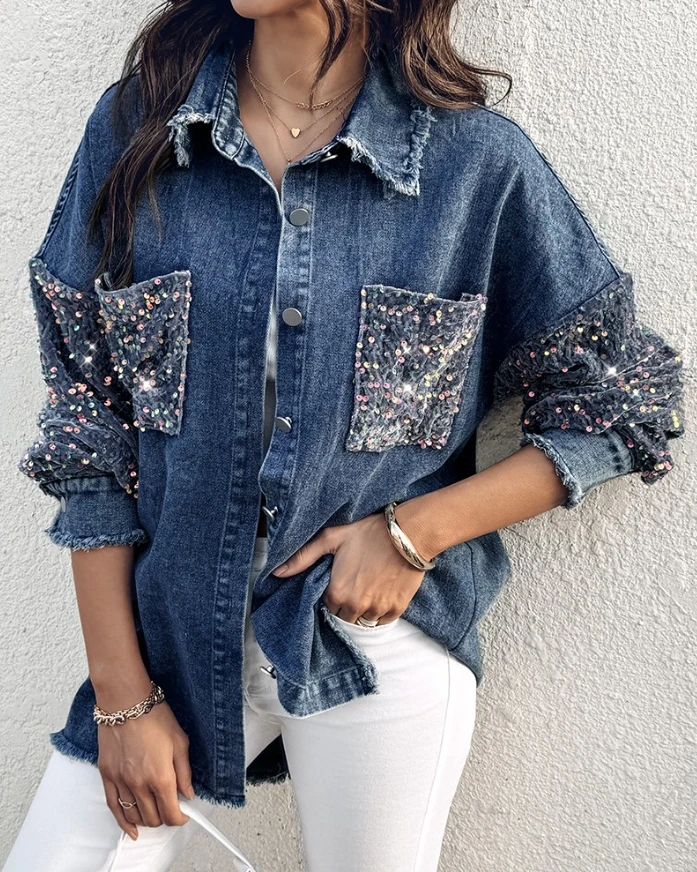 Flip collar contrast sequin long sleeved tassel hem denim jacket women's fashionable casual jacket autumn and winter new style