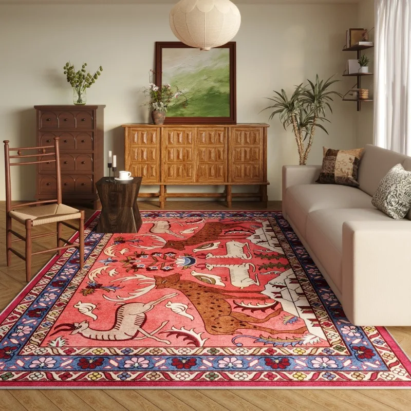 

Vintage Persian Style Living Room Carpet Animal Antelope Leopard Print Bedroom Rug Soft Non-slip Machine Washable Floor Mat 러그