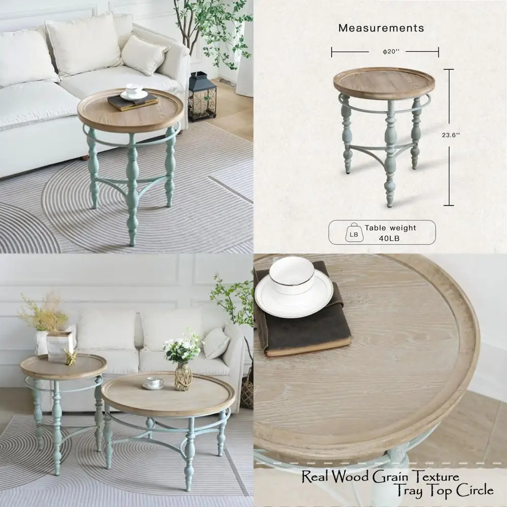 

Round Vintage Farmhouse End Table, French Country Style Side Table, 20.1 Diameter x 23.6 High, Rustic Solid Wood with Antique Ir