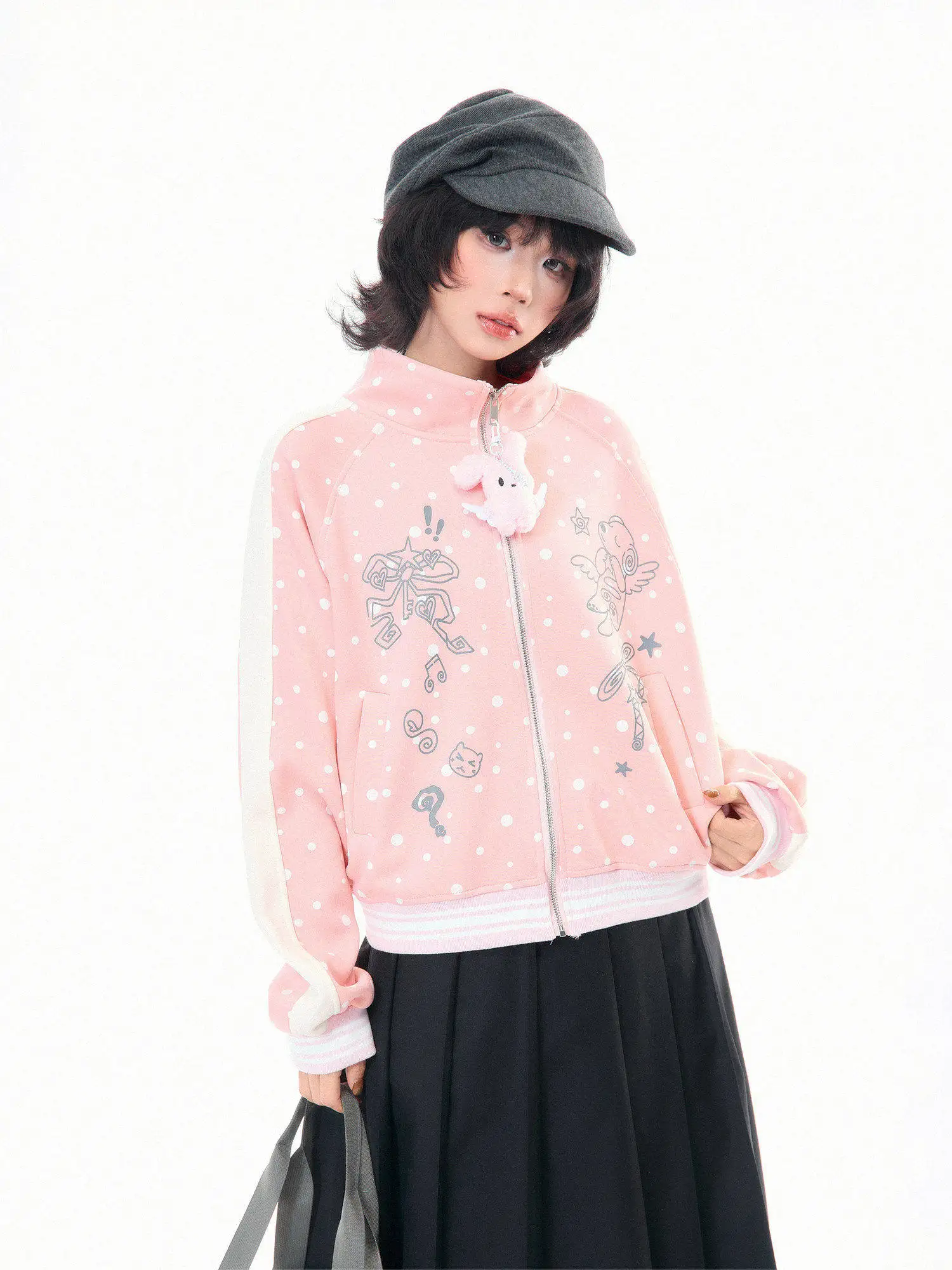 

Mkgo Korean Sle Polka Dot Stand Collar Sweatirt Women's Spring Loose Casual Open Cardigan Top Coat Girl's Faion