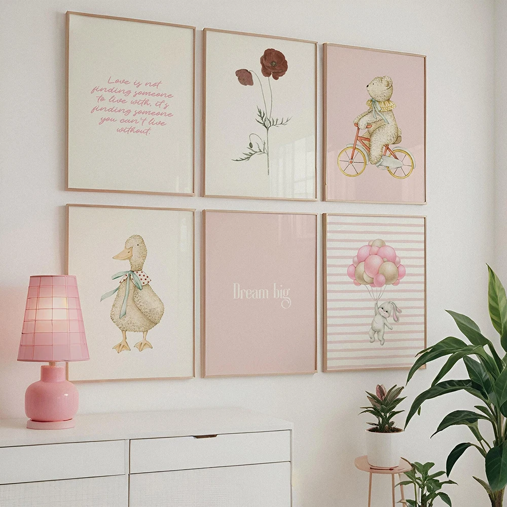 

Set of 6 Pink Nursery Wall Art Prints Teddy Bear, Duck, Bunny & Floral Quotes Poster Kids Room Baby Shower Gift Decor