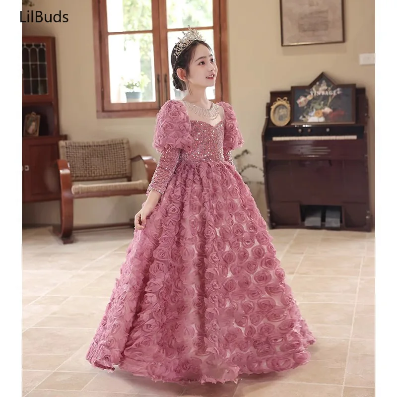

Pink A Line Flower Girl Dresses Puff Sleeves Gown Wedding Party Dress Sweetheart Neck Birthday Dress Customized Children Costume