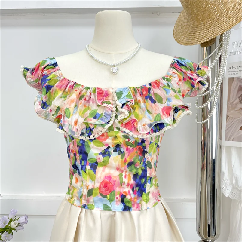 Women Elegant Off Shoulder Print Blouse Summer Hot Sweet Slim Shirt Lace Patchwork Ruffles Chic Crop Top Streetwear Tunic Tops