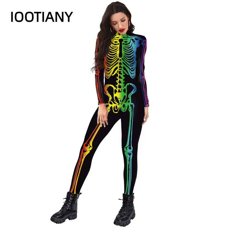 IOOTIANY Halloween Carnival Purim Party Cosplay Bodysuit Women Cosplay Costumes Sexy Skinny Skeleton Printed Jumpsuit Catsuit