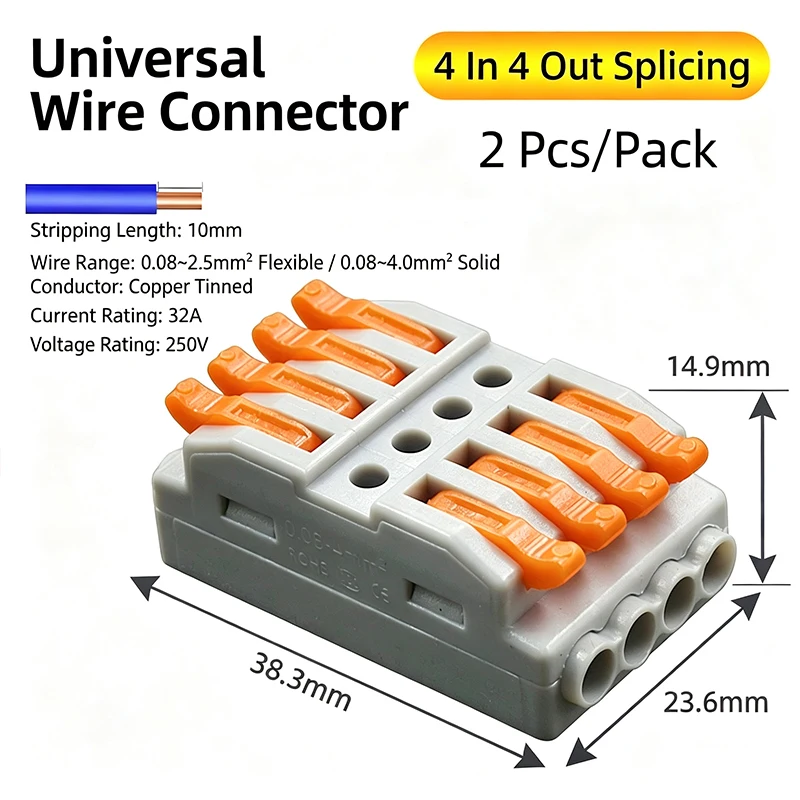 2PCS Quick Splice Terminal Block 2/3/4 Pin Electrical Cable Connector Tool-Free Reusable for LED Home Wiring