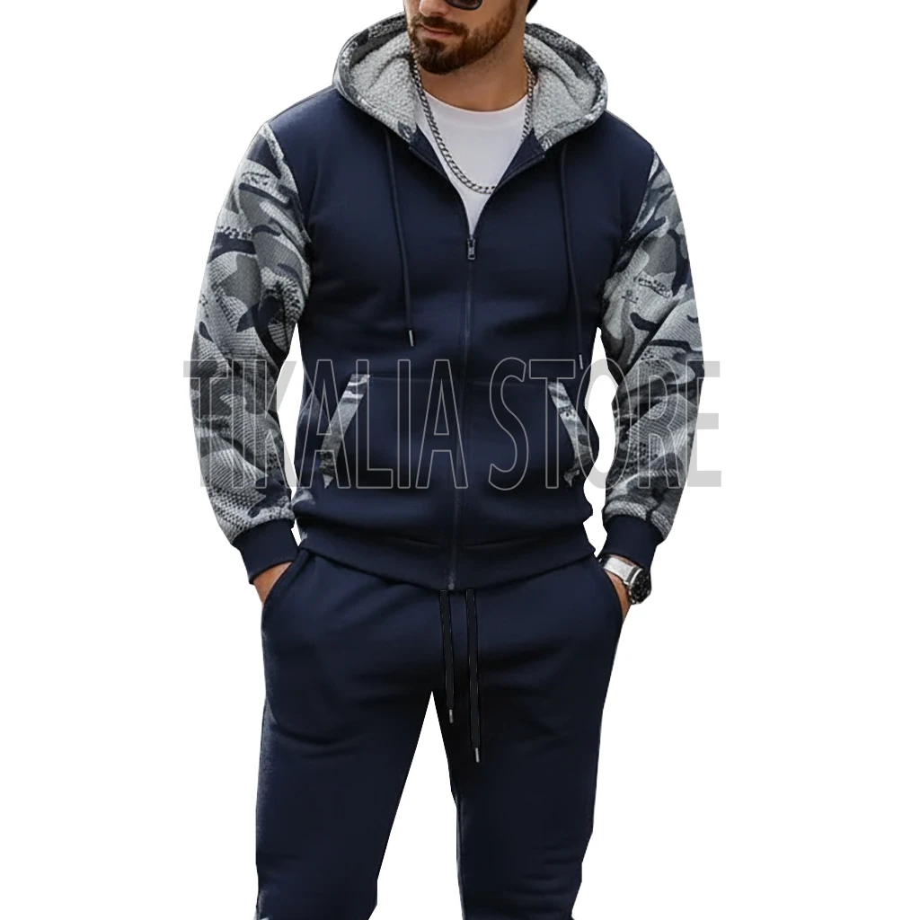 2 Pcs Set Men Winter Tracksuit Fleece Lined Sportswear Outfits Men Fashion Sets Sweatsuit Keep Warm Casual Sweatshirt  and Pants