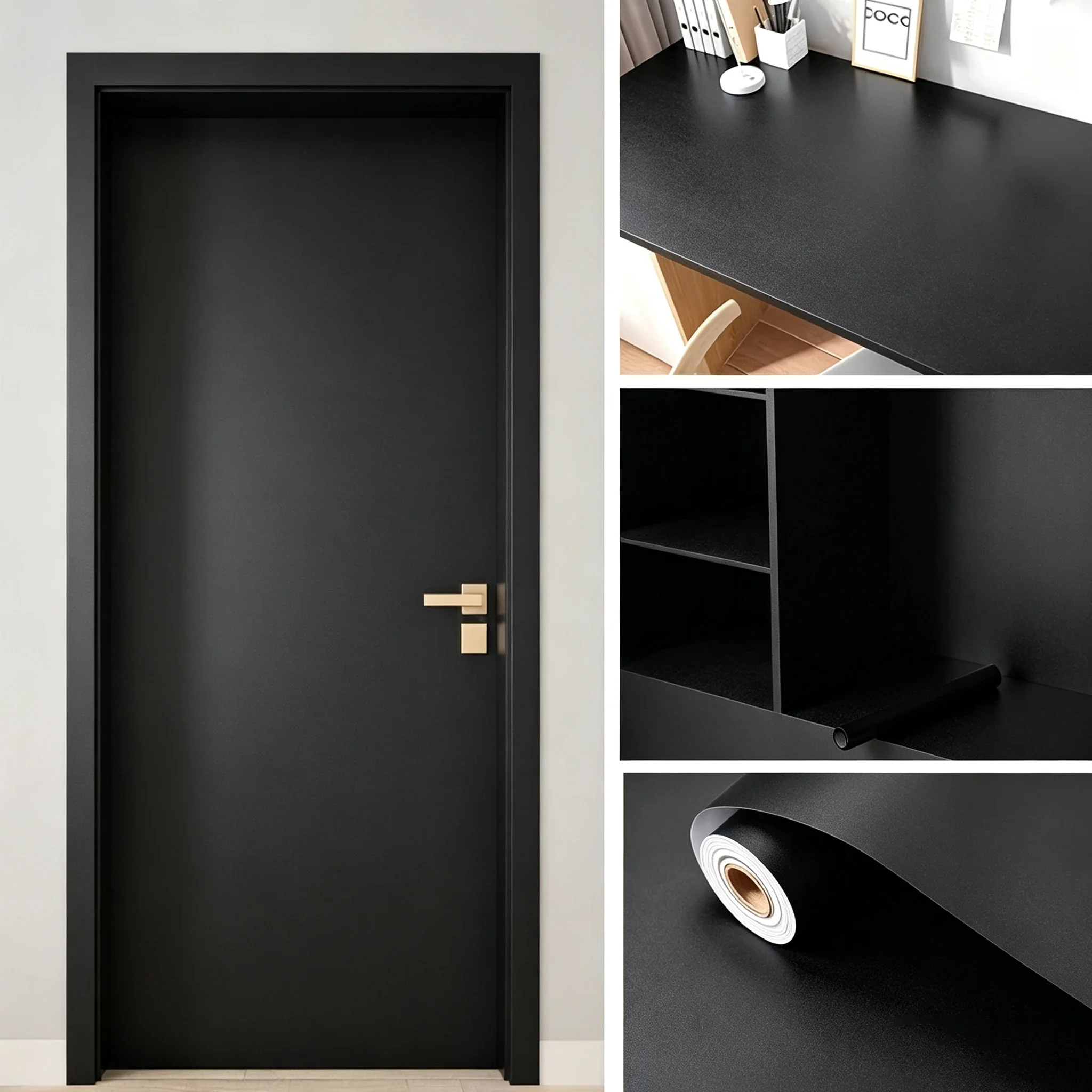 Peel Stick Matte Black PVC Film Solid Color Self Adhesive Sticker For Door Desktop Cabinet Furniture Refurbishment Home Decor.