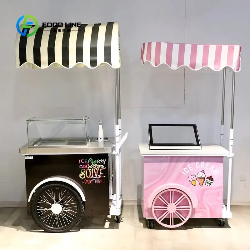 Customized Ice Cream Hand Push Cart, Striped Canopy Gelato Display Showcase Freezer for Party & Street Vending