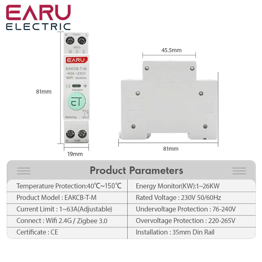 Zigbee TUYA WiFi Smart Circuit Breaker Over Current Under Voltage Protection Power Metering 1-63A Wireless Remote Control Switch