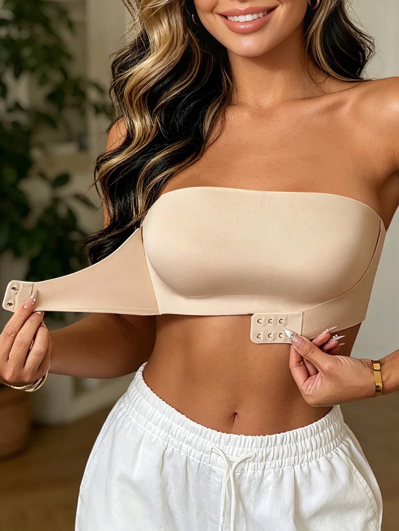 Trägerloser BH für Damen, nahtloser BH mit Schnalle vorne, kabelloser, rutschfester BH, sexy Crop-Top-Unterwäsche, unsichtbarer Halbschalen-BH, einteilig – Detail 2