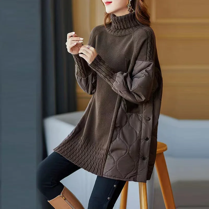 New 2024 Women's Parkas Autumn Winter Fashion Loose Mid Long Casual Splicing knitted Warm Female Jacket Outwear Overcoat Woman