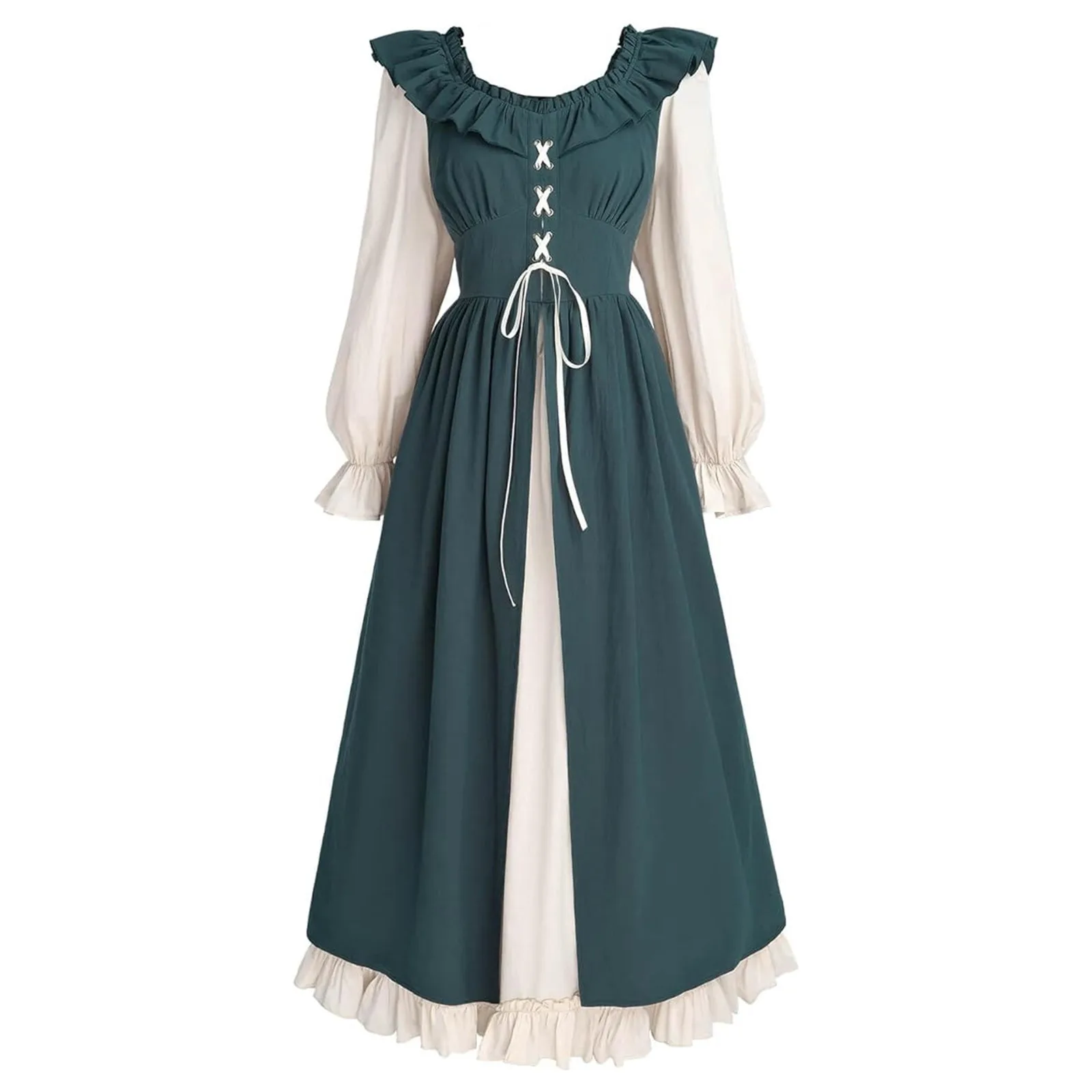 Women'S Lantern Sleeves A-Line Dress Medieval Vintage Big Swing Sweet Style Dresses Halloween Cosplay Patchwork Costumes