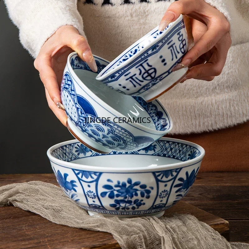 1pc Chinese Ceramic Noodle Bowl Underglaze Colored Rice Bowl Household Soup Bowl Chinese Restaurant Tableware 5/6/7 Inches