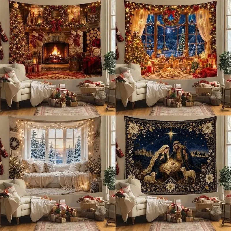 VIKAMA Christmas Indoor Window Wall Tapestry Snow Village Xmas Tree Gifts Candle Wreath Wall Hanging Backdrop for Bedroom Decor