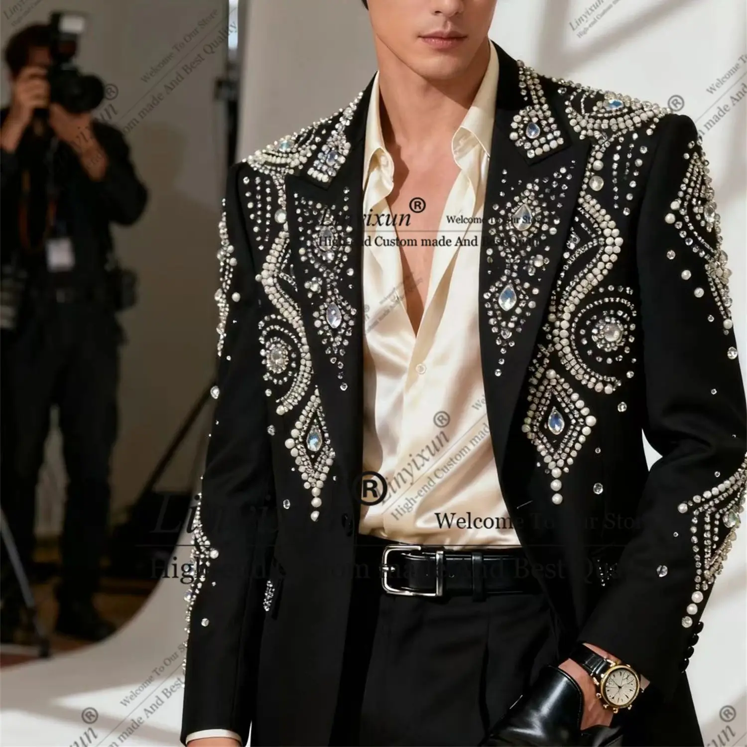 

Casual Ornament Diamonds Men Suits 2 Piece Groom Male Blazers Customized Slim Fit Wedding Tuxedos Fashion Party Costume Homme