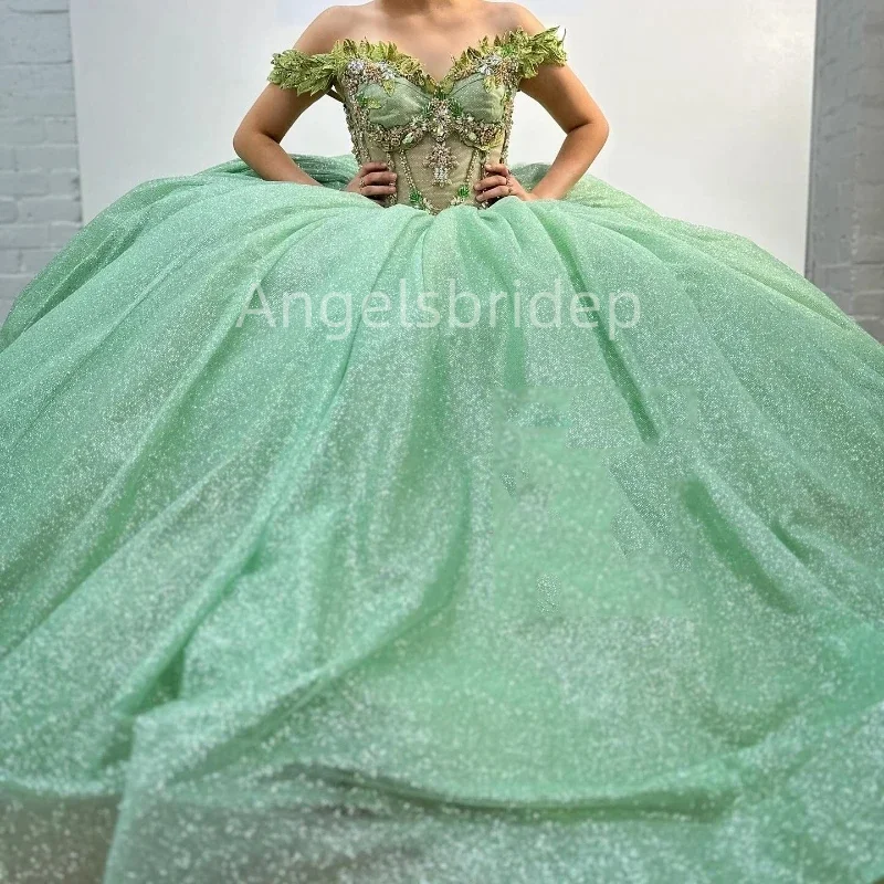 Angelsbride Sage Green Ball Gown Quinceanera Dresses Birthday Party Dress Applique Lace Up Graduation Vestidos De 15 Anos