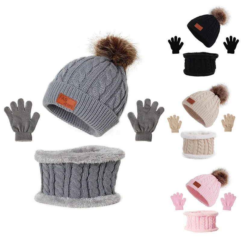 2023 Winter Warm Sets Hat Scarf and Gloves Children's Knitted Ball Caps Thermal Suit Boys Girls Caps Suits Kids Gift 1-6Years