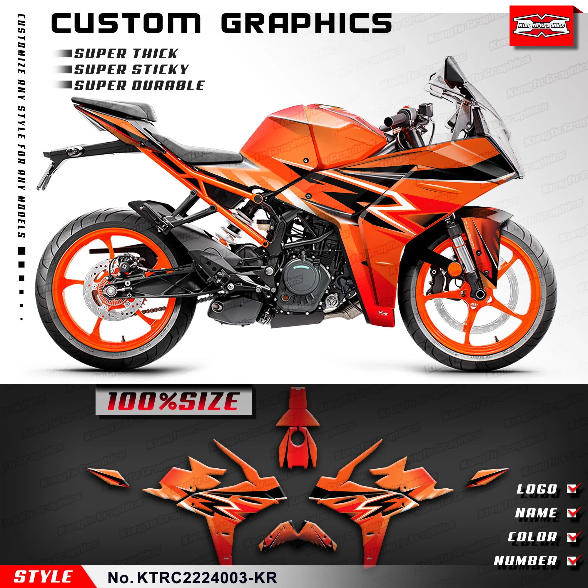 

KUNGFU GRAPHICS Sticker Sheet Racing Graphics for KTM RC 125 200 390 2022 2023 2024, Rebuild Kit, KTRC2224003-KR