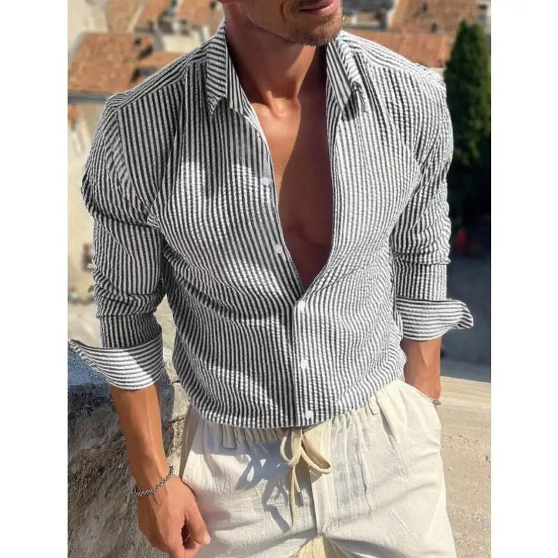 

Comfortable Soft Striped Texture Fabric irt B 49560 TEMU Autumn Sle Women's Faionable Blouse Easy Care Fce Lined